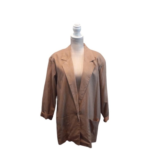 Silk Exchange Women Tan 100% Silk 1 Button 2 Square Pockets Blazer Sz 22W Jacket - Picture 1 of 8
